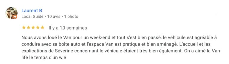 avis google d'un client ayant loué le van ostréa
