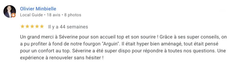 avis google d'un client ayant voyagé avec le fourgon arguent