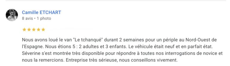 avis google d'un client ayant voyagé avec le fourgon tchanqué
